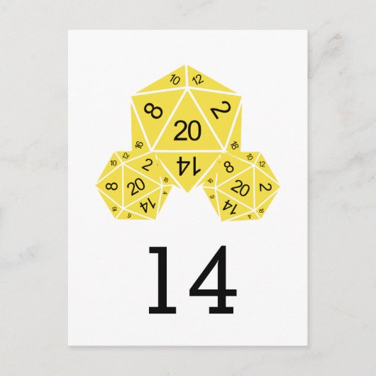 Carte postale Numéro de table des dés D20 jaune (Devant)