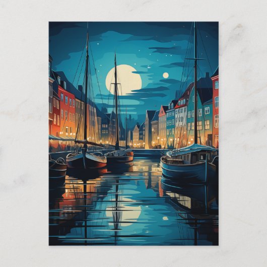 Carte Postale Nyhavn Copenhague Nuit du canal sur la Lune (Devant)