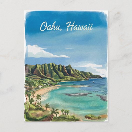 Carte Postale Oahu Hawaii Beach aquarelle peinture (Devant)