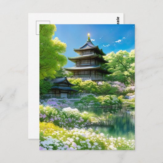 Carte Postale Oasis de printemps, Pagode en bois (Devant / Derrière)