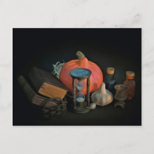 Carte Postale Objets de sorcellerie sur une table dans une pièce