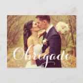 Carte Postale Obrigado Elegant White Script Mariage Photo (Devant)