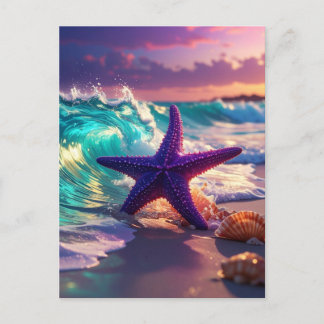 Carte Postale Ocean beach with violet starfish