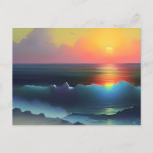 Carte Postale Océan Bleu Éthéré et Coucher de Soleil Rose