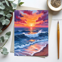 Ocean Sunset Beach Waves Aquarelle