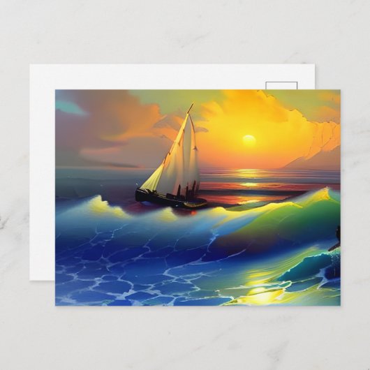 Carte Postale Ocean Waves, voilier et Sunset Reflet (Devant / Derrière)
