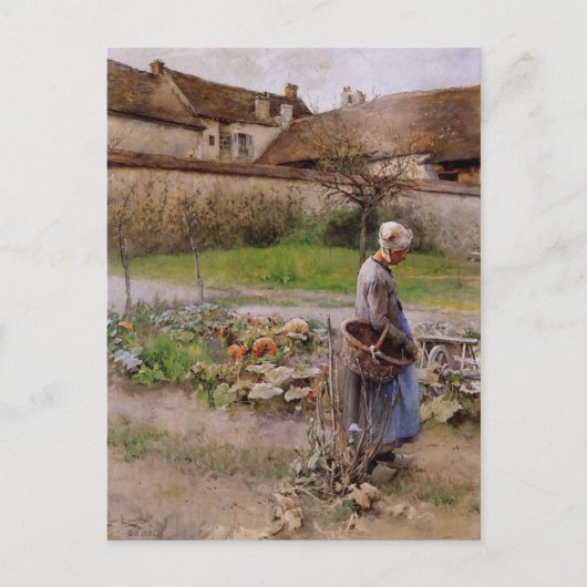 Carte Postale Octobre avec une femme dans son jardin (Devant)