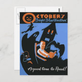 Carte Postale Octobre Lecture Bibliothèque Poster d'Halloween (Devant / Derrière)