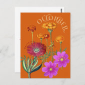 Carte Postale Octobre Mois Fleurs Marigold Cosmos Orange (Devant / Derrière)
