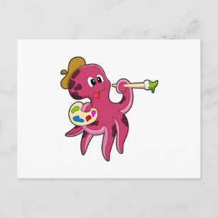 Carte Postale Octopus à la peinture avec pinceau et couleur