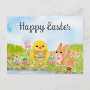 Carte Postale Œuf de Pâques à l'aquarelle Poussin Lapin de Pâque
