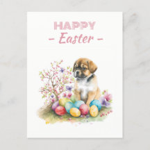 Oeufs de Pâques Aquarelle Chiot Fleurs de cerisier