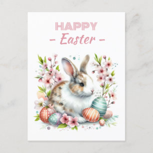 Carte Postale Oeufs de Pâques Aquarelle Rabbit Fleurs de cerisie