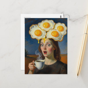 Carte Postale Œufs de petit déjeuner surréaliste et femme au caf