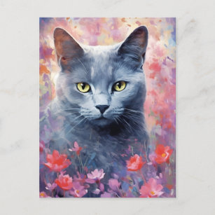 Carte Postale OEuvre d'aquarelle colorée du chat bleu russe