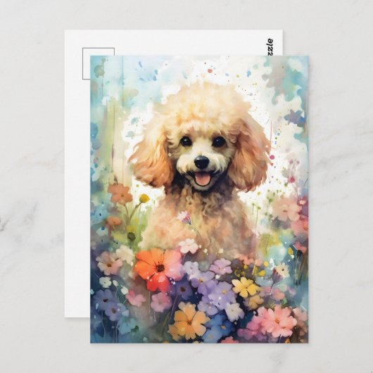 Carte Postale Œuvre d'art aquarelle colorée Caniche (Devant / Derrière)