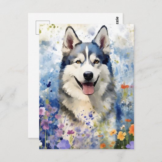 Carte Postale Œuvre d'art aquarelle colorée Husky (Devant / Derrière)