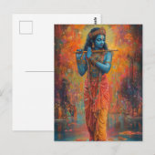 Carte Postale Œuvre d'art Orange Bleu représentant Lord Krishna  (Devant / Derrière)