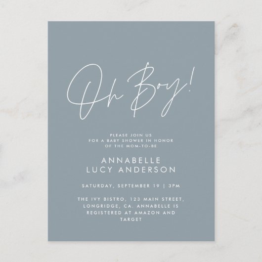 Carte Postale oh garçon Baby shower script moderne bleu élégant (Devant)