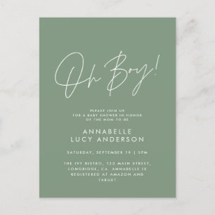 Carte Postale oh garçon Baby shower script moderne vert élégant