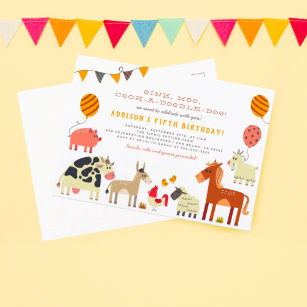 Carte Postale Oink Moo Cock-a-doodle-doo Fun Farm Birthday Party