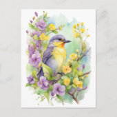 Carte Postale Oiseau à l'aquarelle avec fleurs violettes et jaun (Devant)