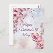 Carte Postale Oiseau aux fleurs et coeur La Saint Valentin (Devant / Derrière)