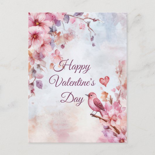 Carte Postale Oiseau aux fleurs et coeur La Saint Valentin (Devant)