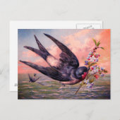 Carte Postale Oiseau Avalé Bleu Orange Et Jolies Fleurs (Devant / Derrière)