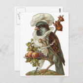 Carte Postale Oiseau avec nourriture et chef Casquette (Devant / Derrière)