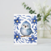 Carte Postale Oiseau bleu avec des fleurs (Debout devant)