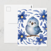 Carte Postale Oiseau bleu avec des fleurs (Devant / Derrière)