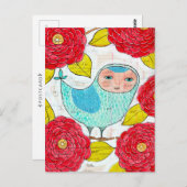 Carte Postale Oiseau bleu dans le jardin de printemps rouge Arti (Devant / Derrière)