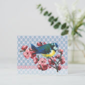 Carte Postale Oiseau bleu et fleurs de cerisiers (Debout devant)