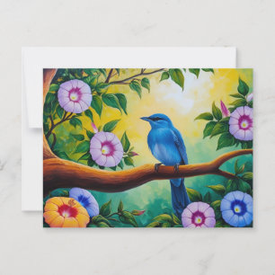 Carte Postale Oiseau bleu sur une branche d'arbre, Fleurs de glo