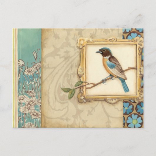 Carte Postale Oiseau Brown et bleu sur une branche recherchant (Devant)