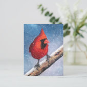 CARTE POSTALE OISEAU : CARDINAL : NEIGE : HUILE PASTEL ART (Debout devant)