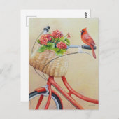 Carte Postale Oiseau cardinal perché sur l'aquarelle à vélo (Devant / Derrière)