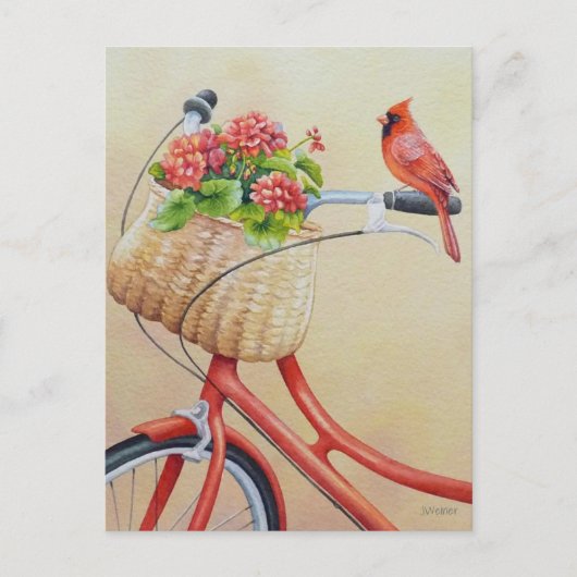 Carte Postale Oiseau cardinal perché sur l'aquarelle à vélo (Devant)