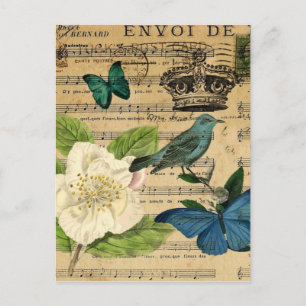 Carte Postale Oiseau de couronne vintage Notes musicales botaniq
