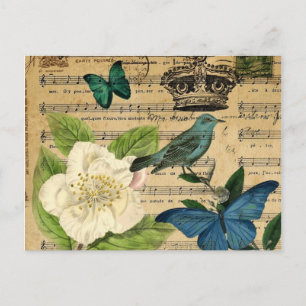 Carte Postale Oiseau de couronne vintage Notes musicales botaniq