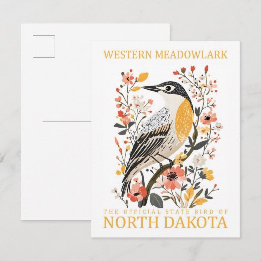 Carte Postale Oiseau de Meadowlark occidental du Dakota du Nord  (Devant / Derrière)