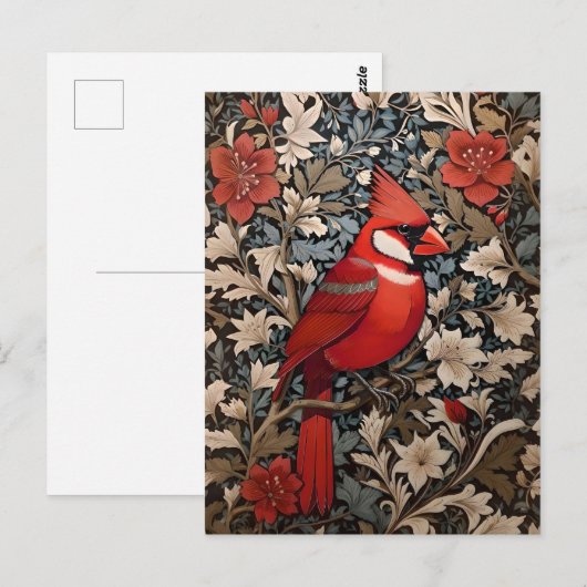 Carte Postale Oiseau du Cardinal du Nord William Morris Inspiré (Devant / Derrière)