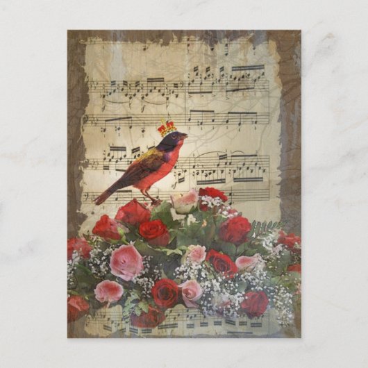 Carte Postale Oiseau et feuille de musique rouges mignons de cru (Devant)