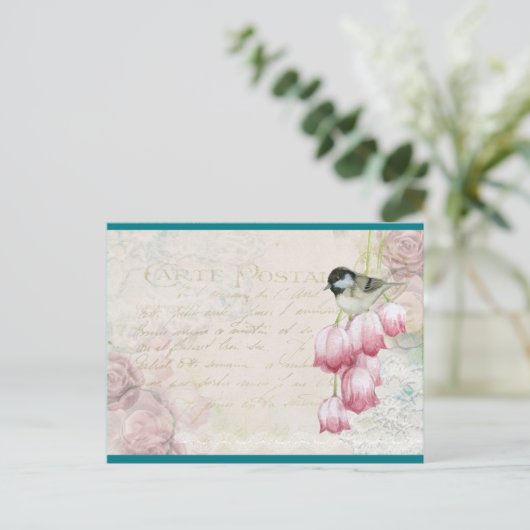 Carte Postale Oiseau et fleurs avec écriture manuscrite Shabby V (Debout devant)