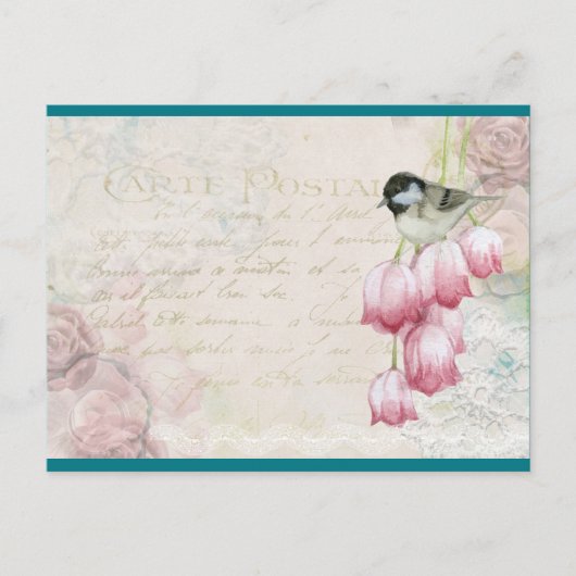 Carte Postale Oiseau et fleurs avec écriture manuscrite Shabby V (Devant)