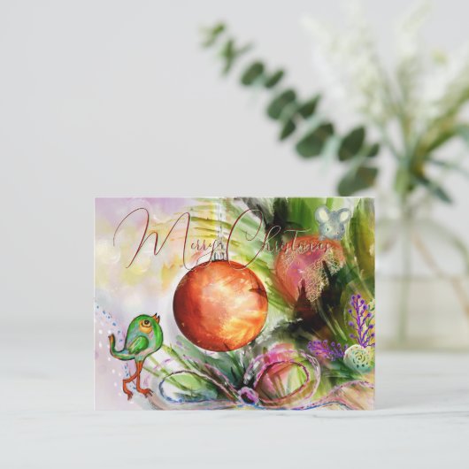 Carte Postale Oiseau et souris festifs peints à la main (Debout devant)