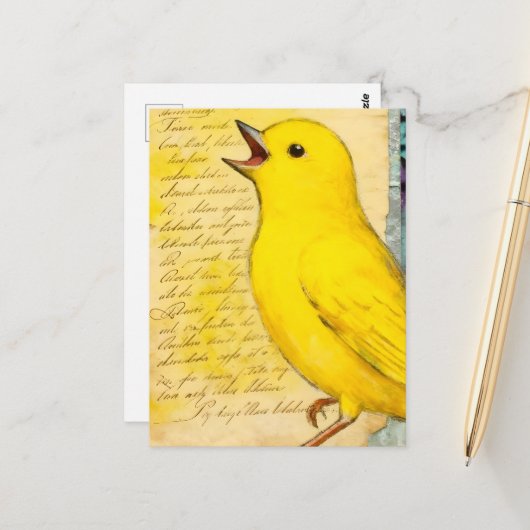 Carte Postale Oiseau Jaune Mixte Média (Devant/Arrière en situation)