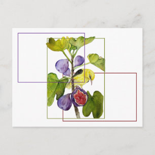 Carte Postale Oiseau jaune vibrant avec figues violettes aquarel