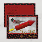 Carte Postale Oiseau Riding Rocket Vintage Bonne année (Devant / Derrière)